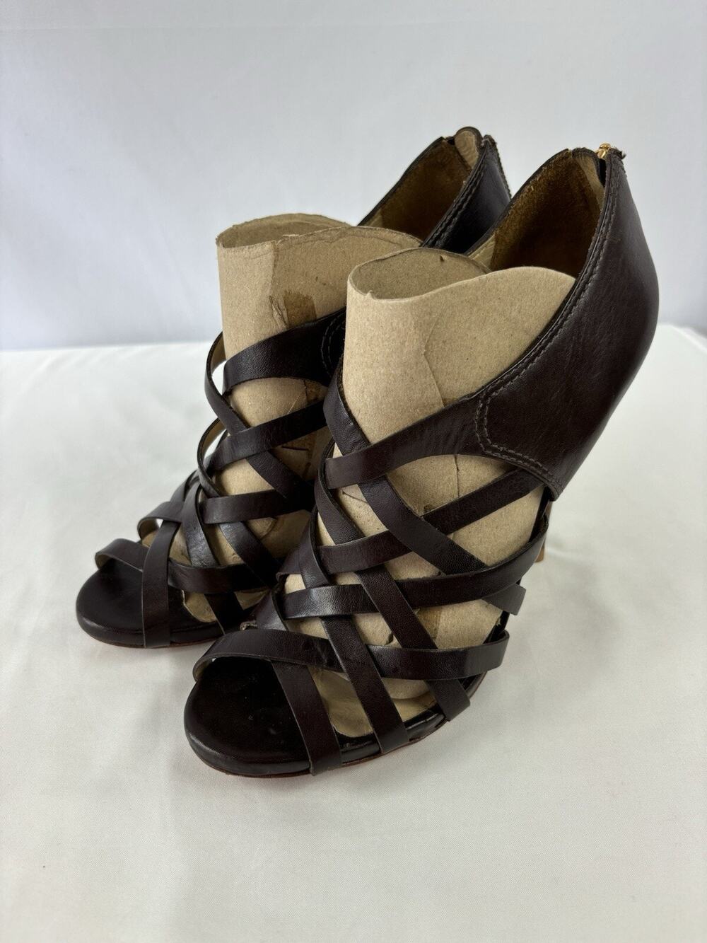 LAMB L.A.M.B Platform Heels Brown Leather 8.5 M Strappy Open Toe Zip